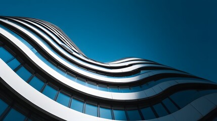 Modern Architectural Masterpiece with Wavy Facade Against Blue Sky.