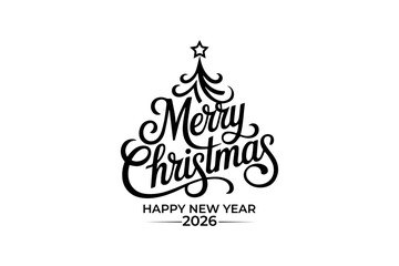 Merry Christmas Typography Tree Vector with Happy New Year 2026 | Minimal Black and White Holiday Lettering