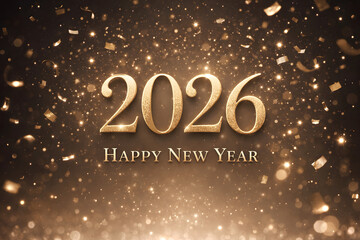 A festive image featuring '2026 Happy New Year' in gold text surrounded by sparkling confetti and glittering lights on a dark background with a white border at the bottom