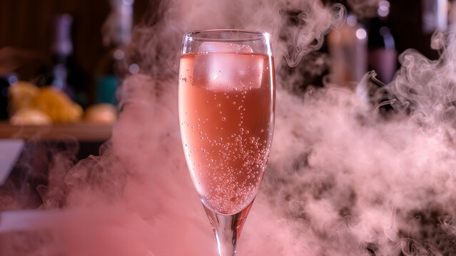 Sparkling Pink Champagne or Rose Wine in Flute Glass with Ice Cube and Dramatic Pink Smoke