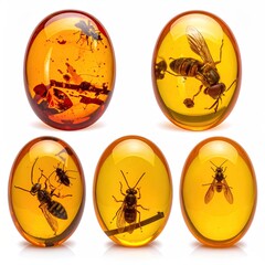 Close-ups of various insects preserved within translucent amber