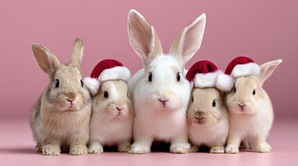 Obraz premium A group of five rabbits wearing Santa hats are standing together. The rabbits are all white and appear to be cute and happy. Concept of warmth and joy, as the rabbits are dressed up for the holidays