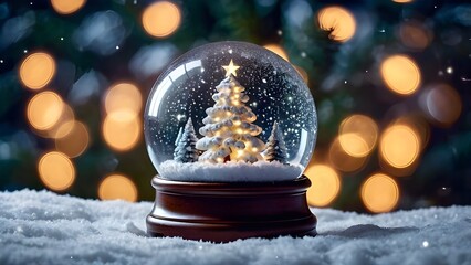 Magical snowglobe featuring a decorated Christmas tree on a snowy night, sparkling star atop, soft glowing bokeh lights in the background, serene winter landscape, cozy festive atmosphere, cinematic l