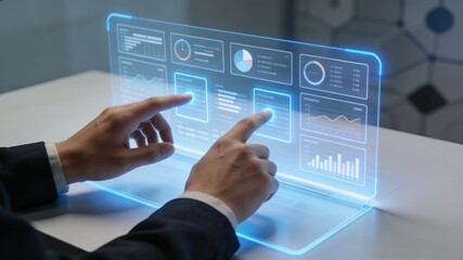 Photorealistic concept of human interaction with AI technology in a modern workspace. Ideal for innovation, digital transformation, and future business themes