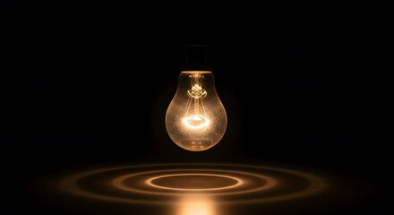 Old fashioned light bulb glowing warmly in dark isolated on black background with concentric circles of light on surface below