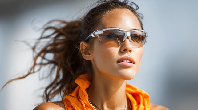 A woman wearing sunglasses and an orange shirt. She has long hair and is smiling. Concept of happiness and confidence