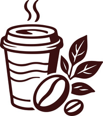 Steaming hot coffee cup with fresh beans and leaves vector illustration design