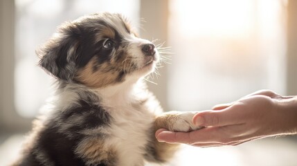 Adorable puppy holding paw in gentle human hand, heartwarming connection on sunny day,National Hug Your Puppy Day