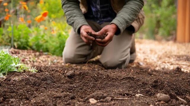 Medium shot of a gardener inspecting soil texture and moisture after applying organic amendments showcasing efforts to boost soil microbe health for sustainable growth.