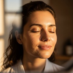 Woman with closed eyes and facial cream on her face in a serene indoor setting.
