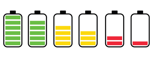 Battery Level Status Icon Set: Full, Medium, and Low Energy Charging Indicators for UI Design