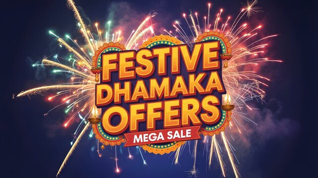 Festive dhamaka offers banner with fireworks and explosion effect, Indian festival shopping sale promotion design