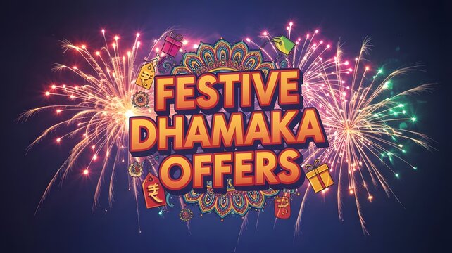 Festive dhamaka offers banner with fireworks and explosion effect, Indian festival shopping sale promotion design