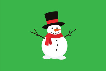 Cheerful minimalist snowman character wearing a top hat and scarf on a green background vector illustration