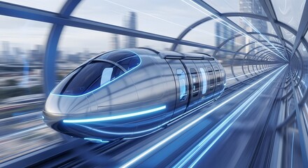 Futuristic high speed maglev train traveling through a modern tunnel with blue glowing lines and city skyline in background
