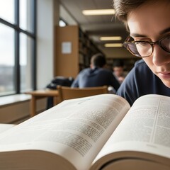 Young man wearing glasses studying an open book in a library with other students in the background.