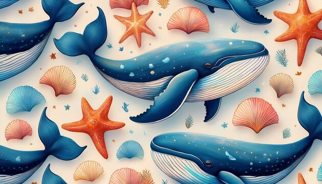 colorful seamless pattern featuring whales shells and starfish in oceanic theme on light background
