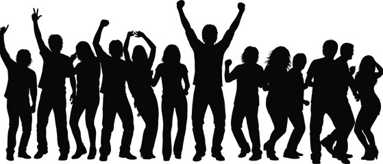 People dancing together silhouette vector illustration, energetic crowd celebration scene for party, festival, music event, social nightlife concept design poster artwork