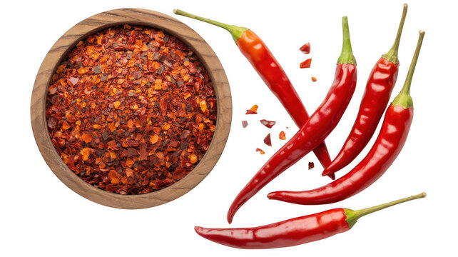 Red chili peppers and flakes in wooden bowl red peppers chili flakes isolated on a transparent background