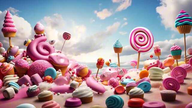 Colorful candy landscape with various sweets including cupcakes, lollipops, and macarons, showcasing vibrant textures and playful arrangements in a whimsical dessert scene
