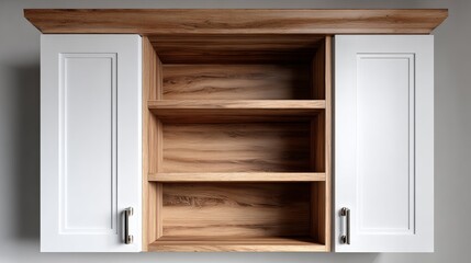 Fototapeta premium A white cabinet with brown wood trim and shelves. The cabinet is empty. The wood grain is visible on the cabinet