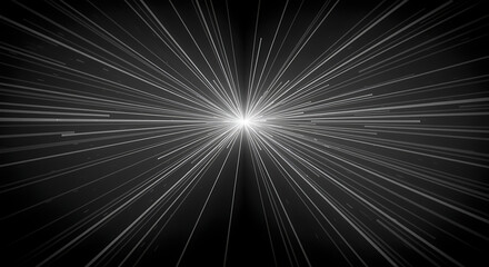 Abstract visualization of light speed, hyperspace travel, or digital data flow with bright central burst and radiating white lines on a black background