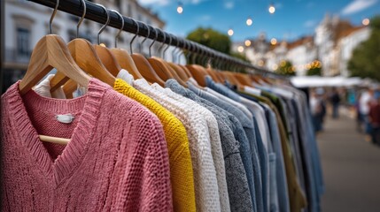 Obraz premium A rack of clothes is hanging on a clothesline. The clothes are of various colors and styles. The scene is set in a busy street with people walking around. The clothesline is hanging on a metal pole