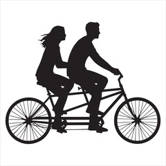 Obraz premium A romantic silhouette of a couple joyfully riding a tandem bicycle on a shared adventure isolated on white background, Vector