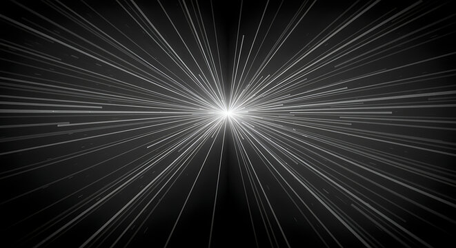 Abstract visualization of light speed, hyperspace travel, or digital data flow with bright central burst and radiating white lines on a black background