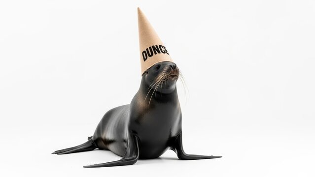seal wearing a dunce cap hat, dim, dumb, stupid, on a white background, animal photo