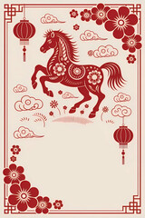 chinese new year year of the horse illustration with traditional red paper cut style