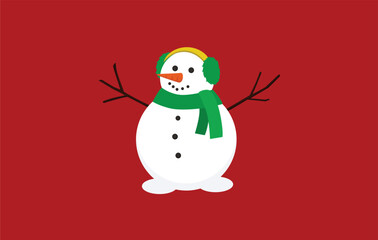 Minimalist Snowman Vector Illustration with Green Scarf and Earmuffs on Red Background for Winter Holidays