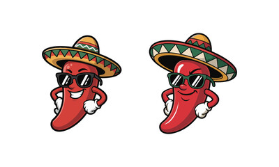 Cool Chili Pepper Mascot Set Wearing Sombrero and Sunglasses Cartoon Illustration Cool Chili Pepper Mascot Set Wearing Sombrero and Sunglasses Cartoon Illustration