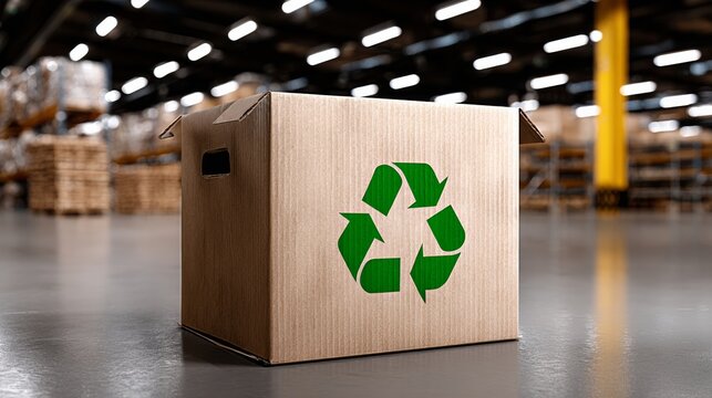 A cardboard box with a green recycling symbol on it. The box is sitting on a floor in a warehouse