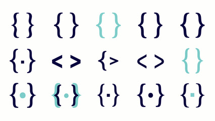 Collection of various bracket symbols and punctuation marks in blue and teal on white background