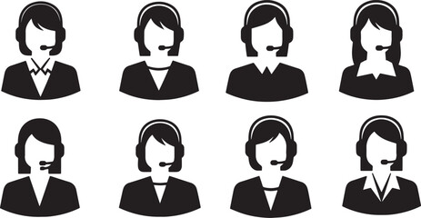 Black Solid Customer Service Agent Silhouettes Set of Six on White Background