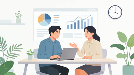 Office workers discussing data