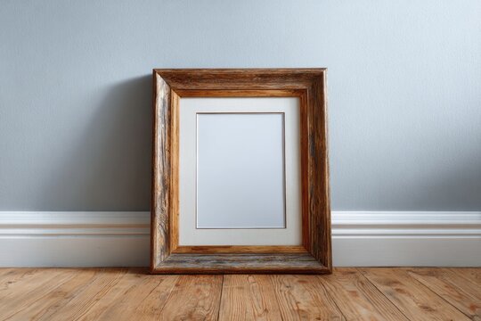 Rustic wooden picture frame leans against a pale blue wall above a hardwood floor