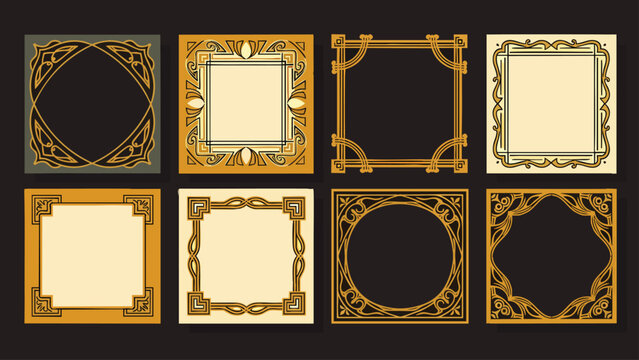 Collection of ornate vintage square frames with art deco elements and geometric patterns, gold and beige colors