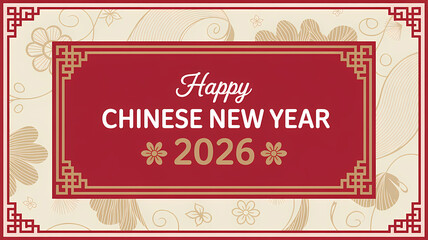 Naklejka premium happy chinese new year 2026 greeting card with red gold ornamental frame