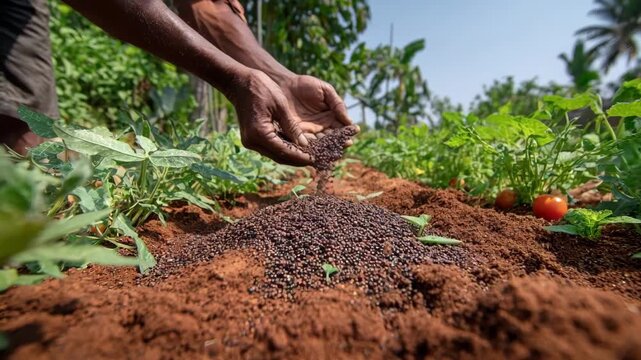 Organic fertilizer being manually distributed over vegetable gardens showcasing sustainable agricultural practices that improve soil fertility naturally.
