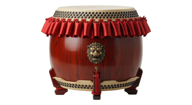 Red Japanese taiko drum with lion head hardware isolated on a transparent background