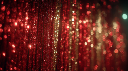 Abstract red glitter backdrop with vertical strands, soft bokeh, festive mood, light reflections, depth, glamour, luxury, sparkle.
