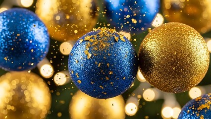 Beautiful blue and gold christmas ornaments with sparkling decorations
