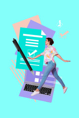 Trend artwork composite photo collage design of virtual internet netbook laptop computer young lady...