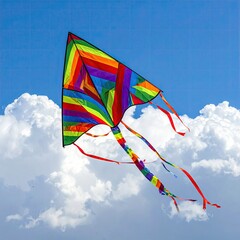A colorful, geometric kite soars against a bright blue sky filled with clouds
