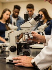 Students and a teacher using microscopes in a laboratory setting.