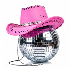 A pink cowboy hat rests atop a sparkling disco ball
