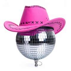 A mirrored sphere with a pink cowboy hat, isolated on white