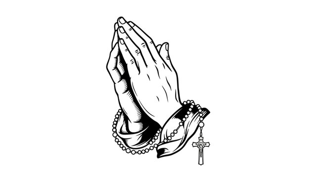 Praying hands with rosary and cross in black and white